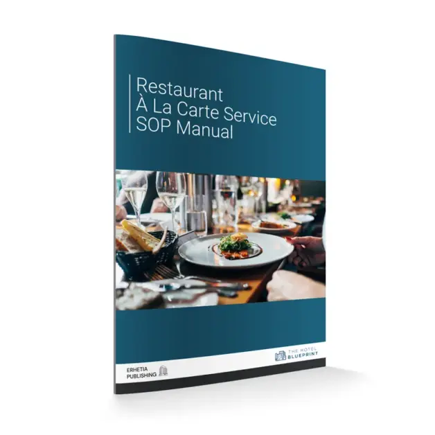3D perspective mockup of the Restaurant À La Carte Service SOP Manual book cover depicting a fine dining table set with wine glasses and plated food.