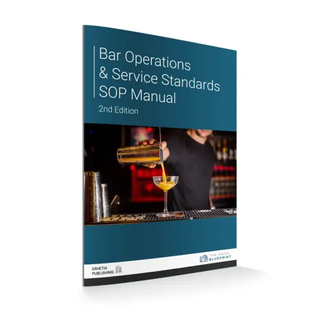 Bar service operations manual cover mockup featuring a bartender in a black short-sleeve shirt pouring an orange cocktail behind a bar counter