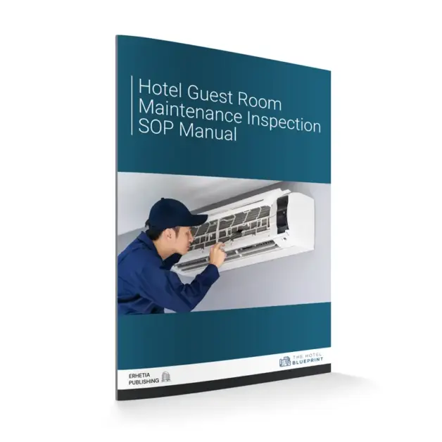 3D perspective mockup of the Hotel Guest Room Maintenance Inspection SOP Manual book cover depicting a technician servicing a wall-mounted air conditioning unit.