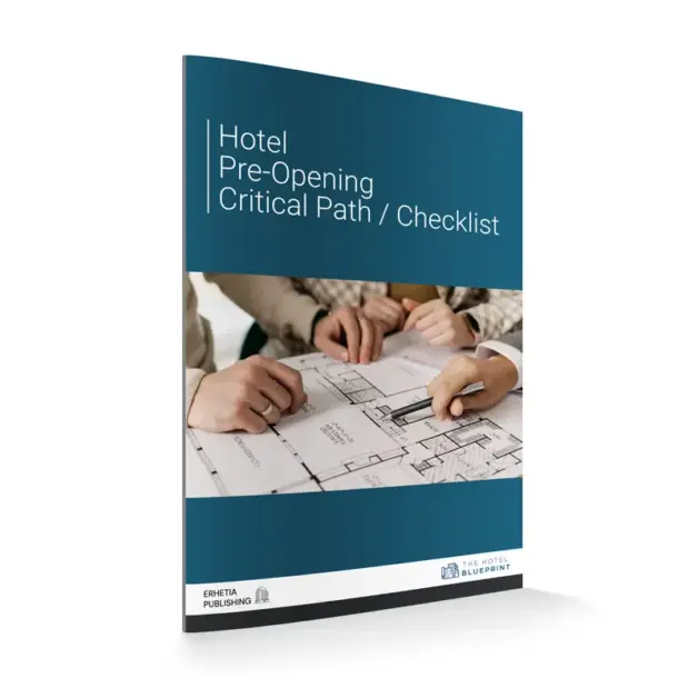 3D perspective mockup of the Hotel Pre-Opening Critical Path Checklist book cover showing project managers reviewing architectural blueprints.