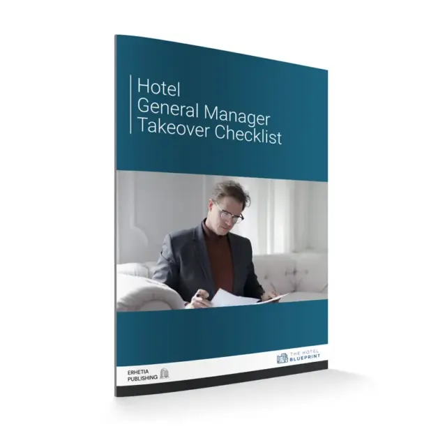 3D perspective mockup of the Hotel General Manager Takeover Checklist cover depicting an executive reading business documents in a hotel office setting.