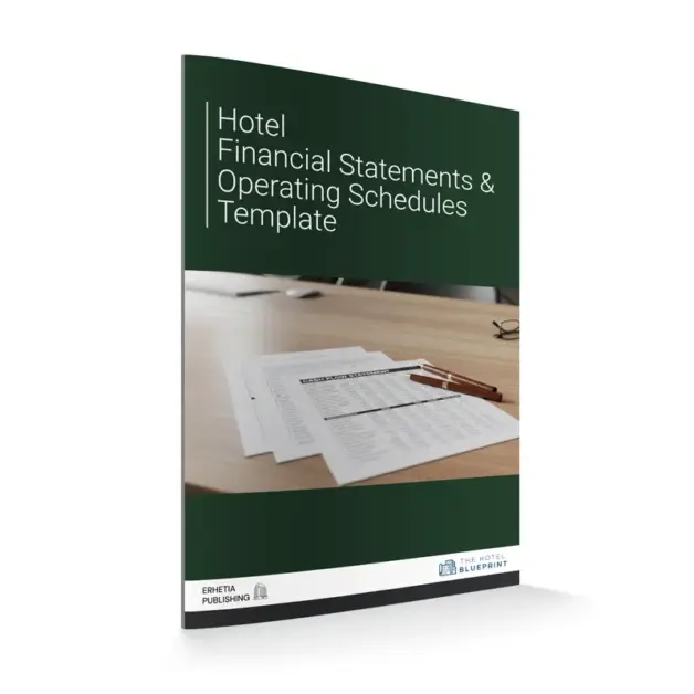 Hotel operating budget template cover mockup featuring printed financial statements on a wooden desk with a pen placed beside them