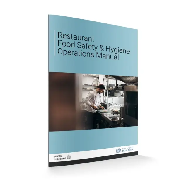 3D perspective mockup of the Restaurant Food Safety & Hygiene Operations Manual book cover featuring a chef preparing food at a cutting board in a commercial kitchen setup.