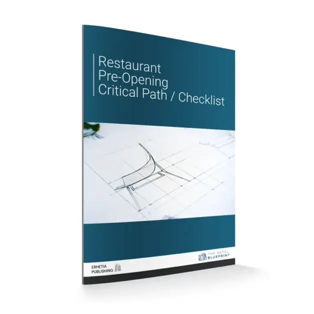 3D perspective mockup of the Restaurant Pre-Opening Critical Path Checklist book cover displaying architectural structural sketches and layout designs.