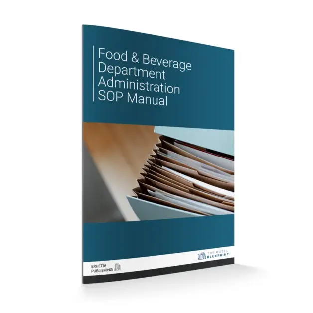 Food and beverage administration SOP manual cover mockup featuring a filing cabinet with accordion-style folders and organized administrative documents in a hotel office setting