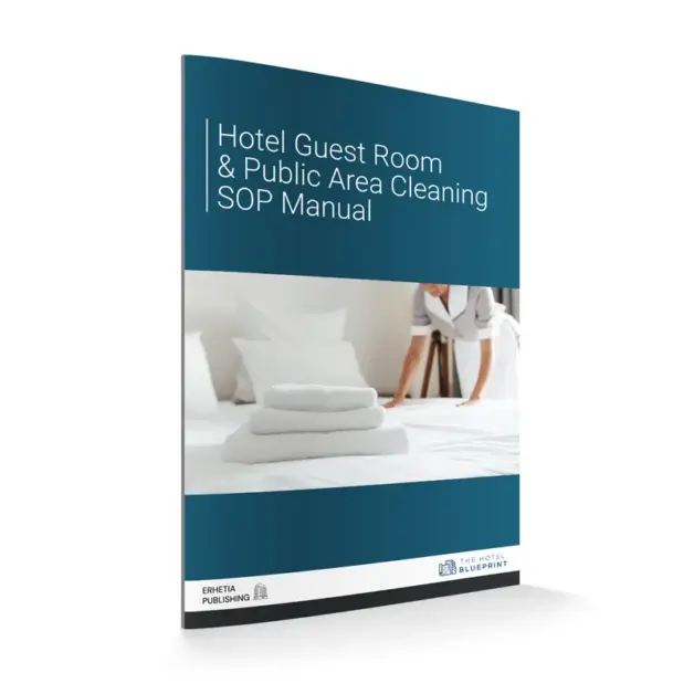 3D perspective mockup of the Hotel Guest Room & Public Area Cleaning SOP Manual cover depicting a housekeeping room attendant pushing a fully stocked cleaning trolley down a hotel corridor.
