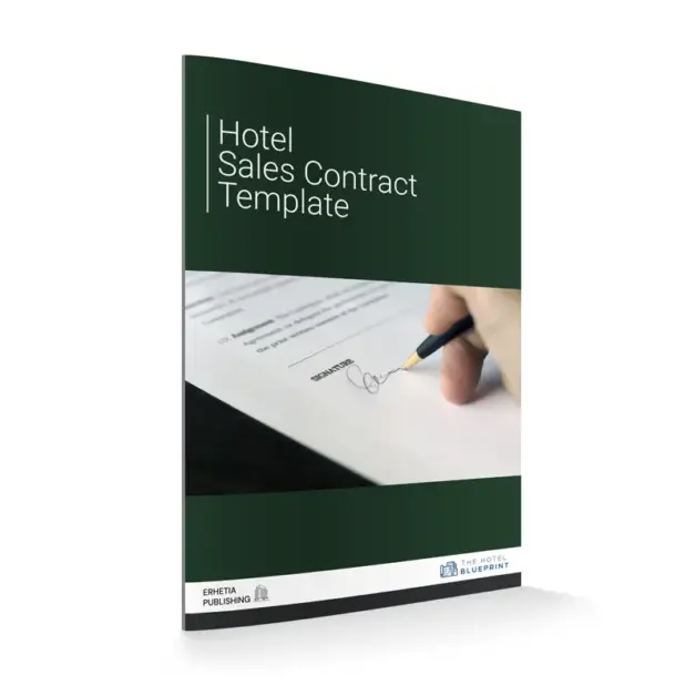 3D perspective mockup of the Hotel Sales Contract Template Suite cover depicting a close-up of a person signing a formal business agreement with a fountain pen.
