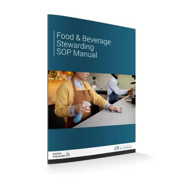 3D perspective mockup of the Food & Beverage Stewarding SOP Manual cover depicting a staff member wiping down a commercial service counter with a spray bottle and cloth.
