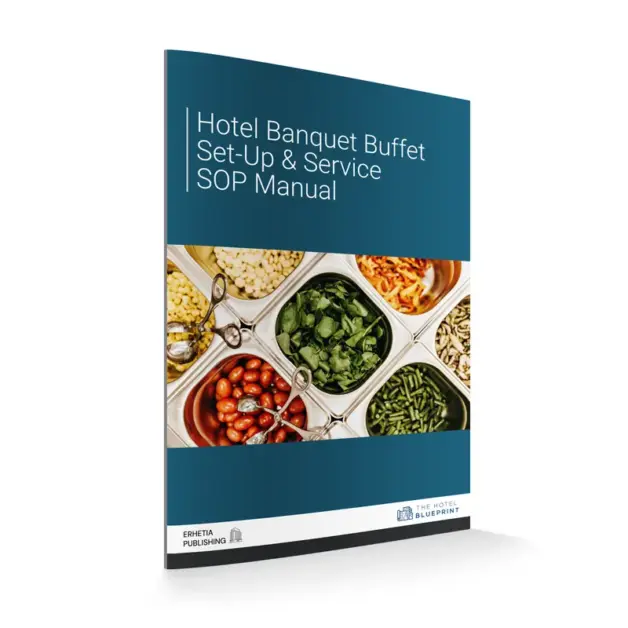 3D perspective mockup of the Hotel Banquet Buffet Set-Up & Service SOP Manual book cover displaying a top-down view of stainless steel salad bar containers filled with fresh ingredients.
