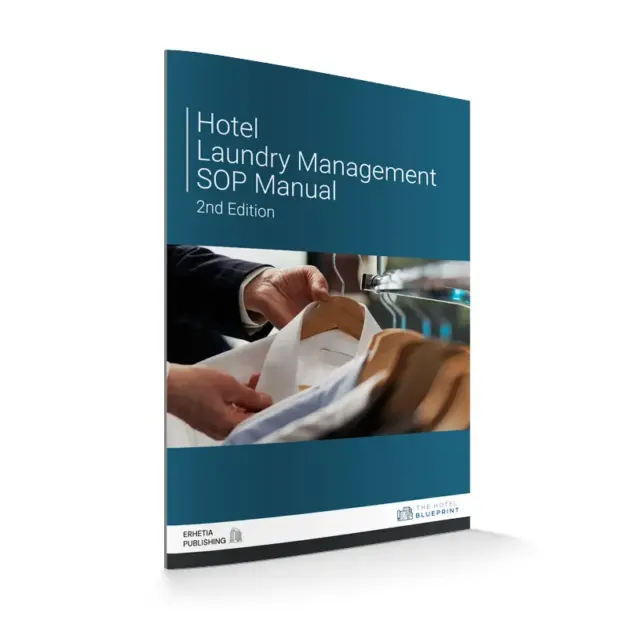 3D perspective mockup of the Hotel Laundry Management SOP Manual cover depicting hands placing a clean white pressed shirt on a hanger.