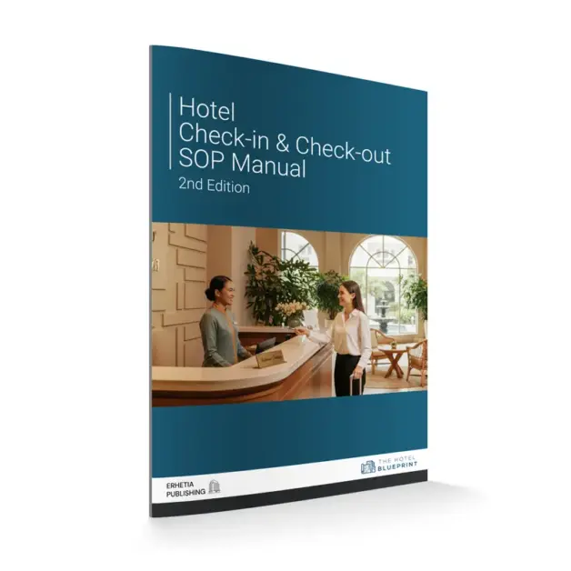 3D perspective mockup of the Hotel Check-in & Check-out SOP Manual cover showing a front desk receptionist assisting a guest at check-in.