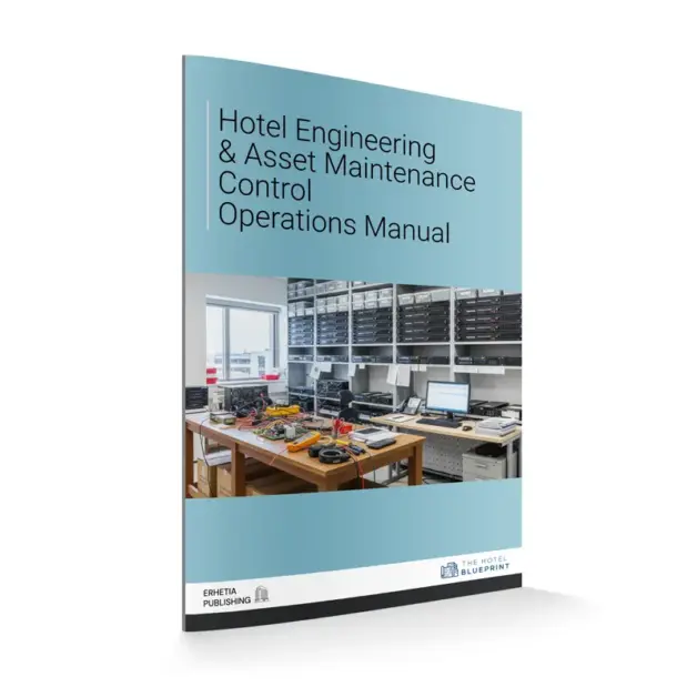 3D perspective mockup of the Hotel Engineering & Asset Maintenance Control Operations Manual cover showing a technical maintenance workshop with testing equipment and server racks.