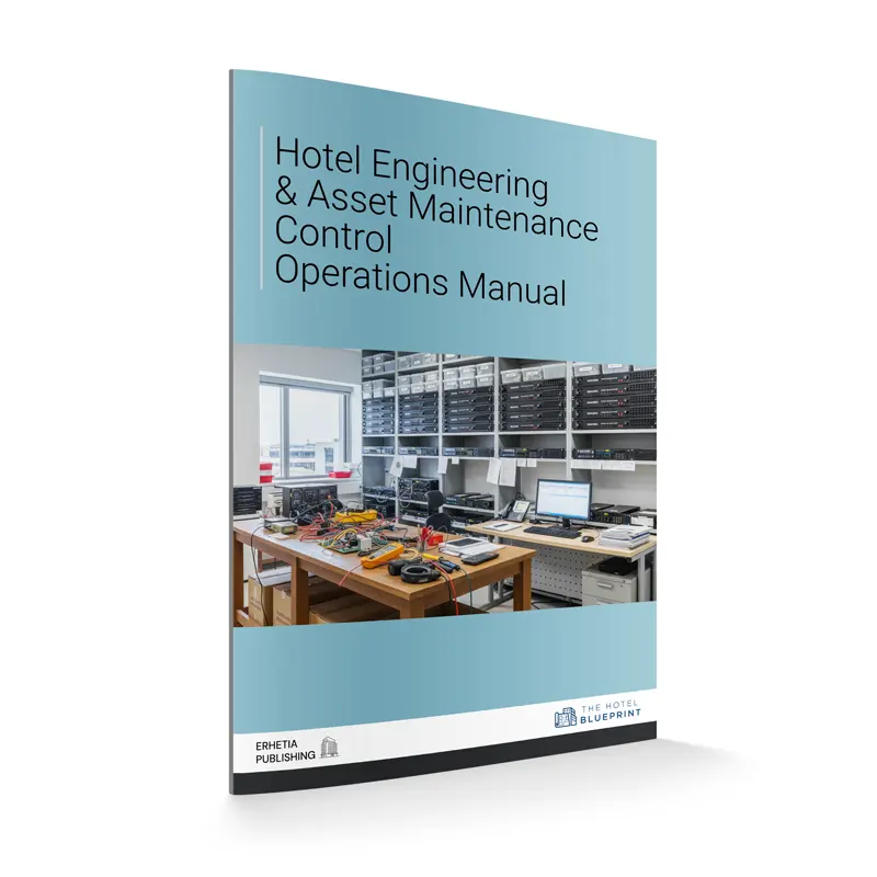 Hotel engineering and asset maintenance control manual cover mockup featuring an organized hotel maintenance office with tools, equipment, cable TV decoders, and a computer workstation
