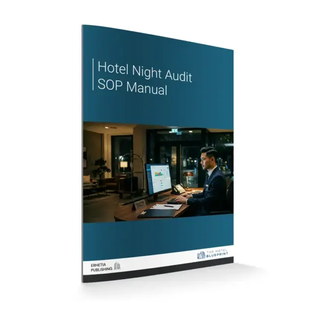 Hotel night audit operations manual cover mockup featuring an Asian night auditor in uniform working at a reception desk in a luxury hotel lobby at night