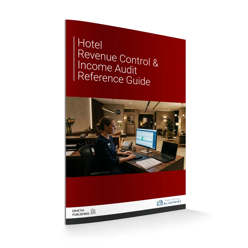 Hotel revenue control and income audit manual cover mockup featuring a hotel cashier in uniform working on a desktop computer in a bright and modern hotel lobby