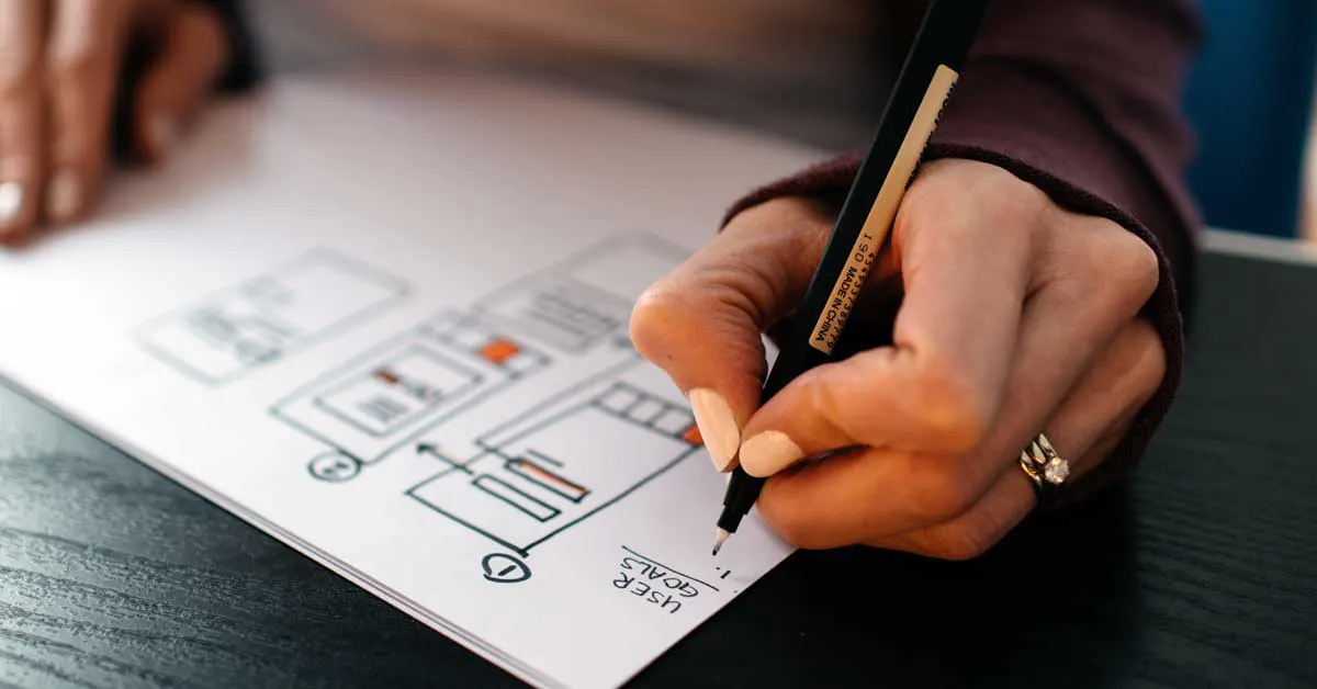 Person using a fine-tip pen to sketch out diagrams and write user goals on paper for a standard operating procedure (SOP).