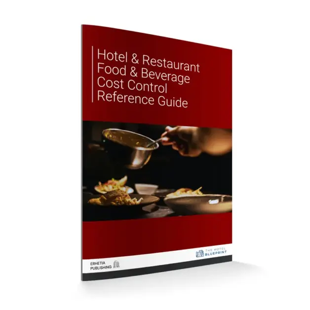 Food and beverage cost control reference guide cover mockup featuring a chef’s hand holding a pan above assorted ingredients in a dark kitchen setting