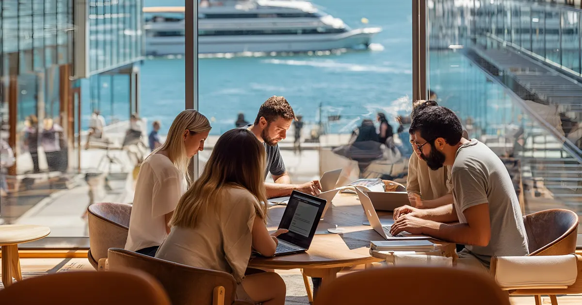A group of professionals working on laptops around a wooden table inside a bright, modern Sydney venue with floor-to-ceiling windows overlooking a harbor and passing boat.