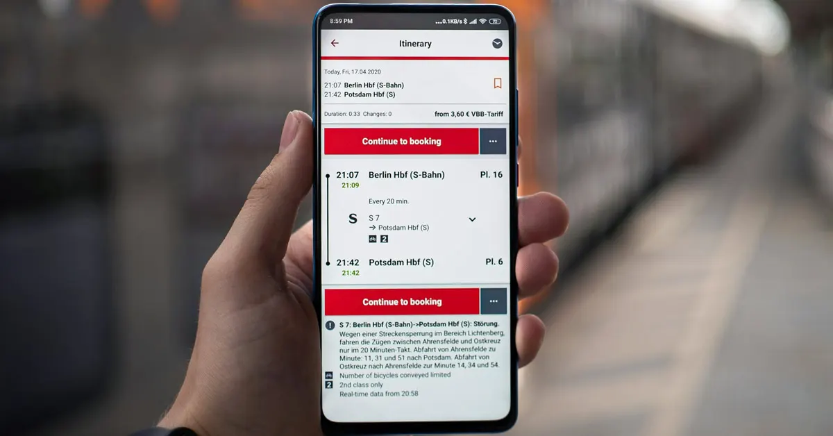 A person holding a smartphone showing a red and white themed OTA travel itinerary.