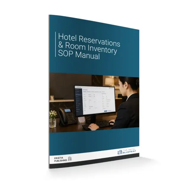 3D perspective mockup of the Hotel Reservations & Room Inventory SOP Manual cover showing a hotel agent operating a Property Management System (PMS) reservation screen.