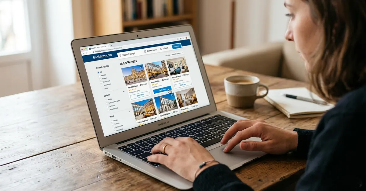 Close-up of a person using a laptop on a wooden table to book a hotel room on an OTA website showing search results.