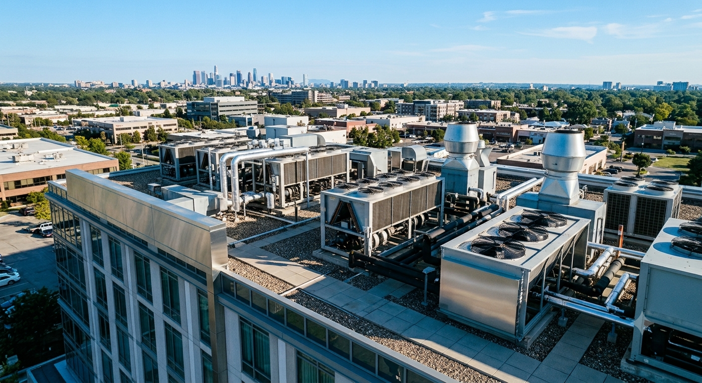 A detailed drone photograph of a modern hotel rooftop, focusing on a complex array of mechanical plant, including HVAC chillers, ventilation systems, and insulated pipes. A distant city skyline is visible under a clear blue sky.