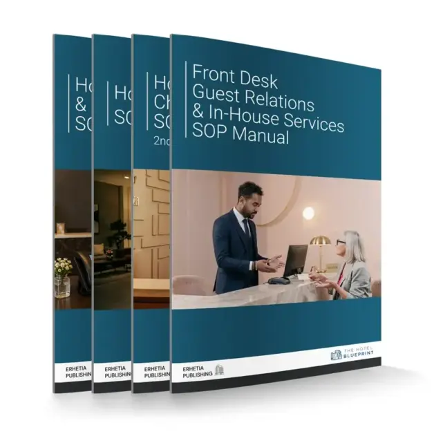 3D perspective mockup array displaying four teal SOP manuals in the Hotel Front Office Complete Collection bundle