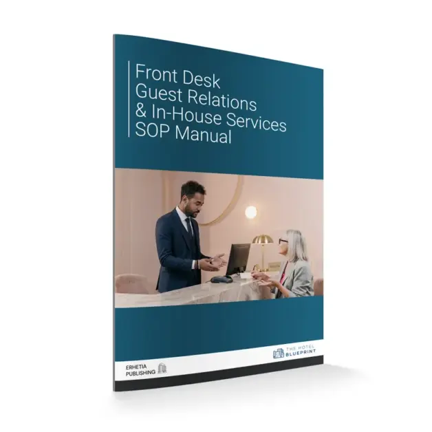 3D perspective mockup of the Front Desk Guest Relations & In-House Services SOP Manual cover showing a male front desk manager assisting a female guest at the hotel counter.