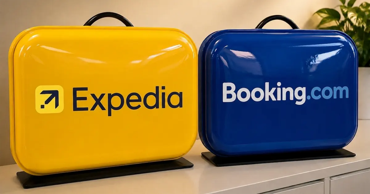 Two glossy display models shaped like travel suitcases sitting side-by-side on a desk; the yellow suitcase features the updated dark blue Expedia logo with its arrow-in-a-square icon, and the blue suitcase features the white Booking.com logo.
