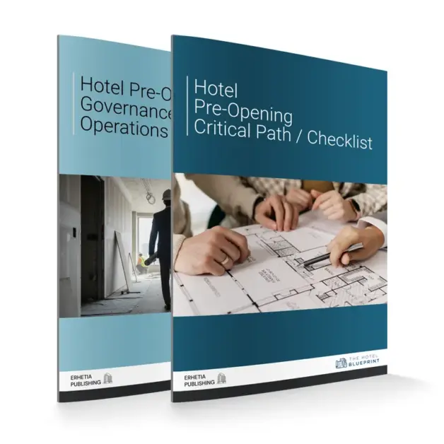 3D perspective mockup showing two pre-opening operations manuals in the Hotel Pre-Opening Essential Collection bundle.