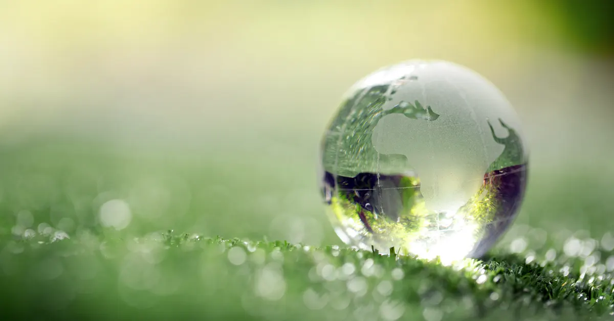 small glass globe reflecting a map of the world, resting on a soft bed of vibrant green grass with a blurred background.