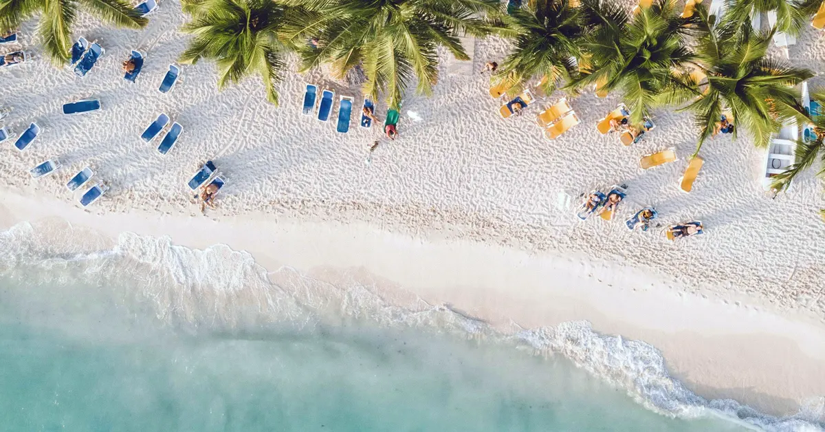 Aerial top-down view of a tropical white sand beach in the Dominican Republic, featuring turquoise ocean waves, scattered lounge chairs, resort guests, and a row of green palm trees casting shadows on the sand.