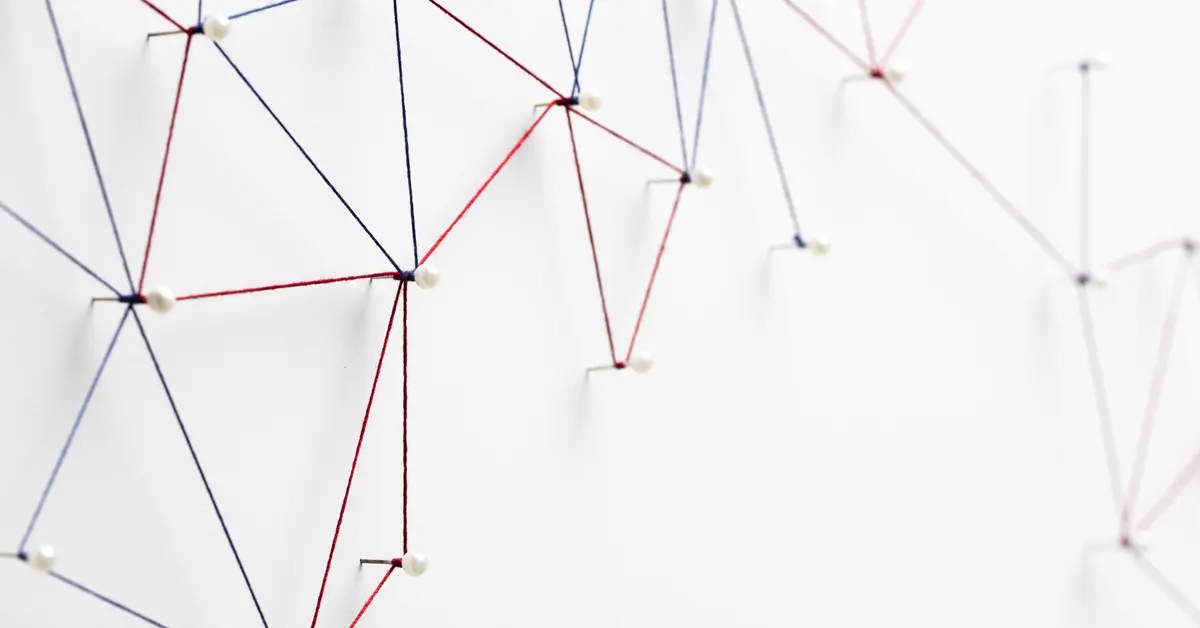 A conceptual network diagram made of red and blue strings connected by pins on a white background, symbolizing social capital and business networking.
