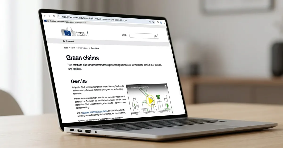 Side-view of a modern laptop on a wooden desk displaying the European Commission Green claims web page.