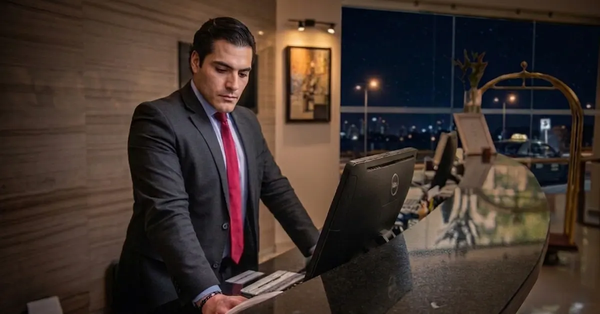 A male hotel receptionist in a dark suit and red tie looking down focused on his computer screen behind a curved marble front desk at night.
