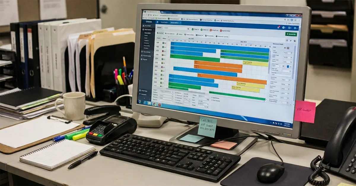 A natural photograph of a hotel back-office desk featuring an active Property Management System (PMS) on a monitor, surrounded by office supplies, a payment terminal, a clipboard, and a desk phone.