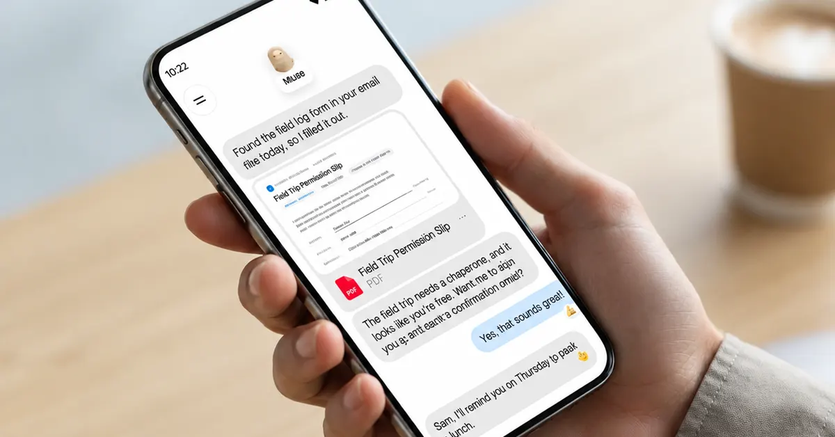 A person holding a smartphone showing an AI chat interface where an assistant has automatically filled out a field trip permission slip PDF.