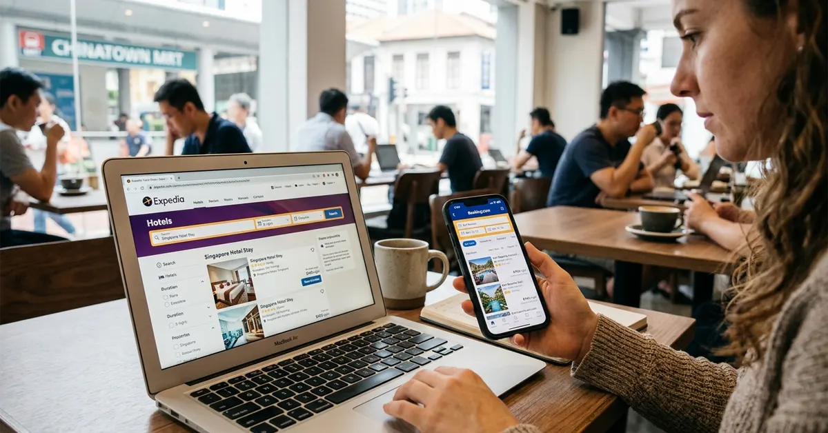 Woman sitting in a café using a laptop displaying Expedia and holding a smartphone displaying Booking.com.
